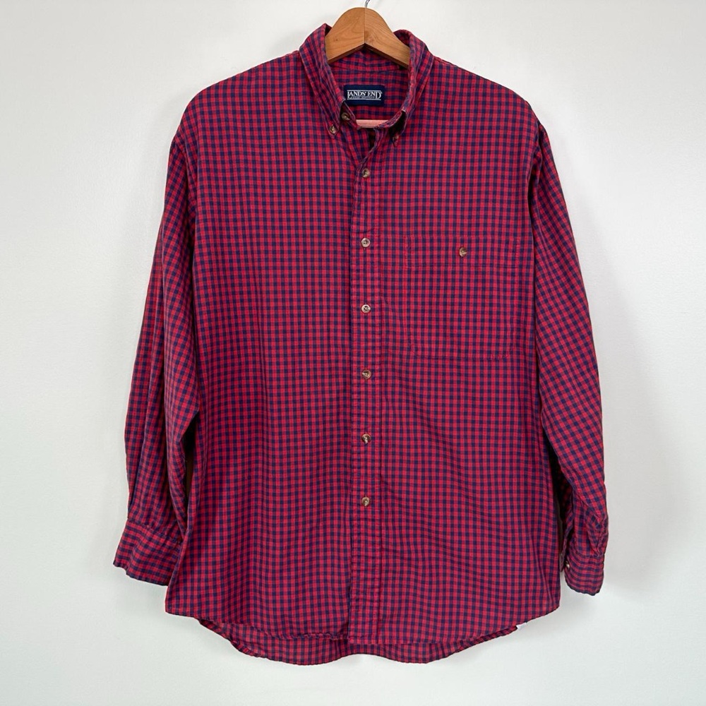 Men’s Lands' End Red and Blue Checked Lightweight Button Down Shirt - Medium